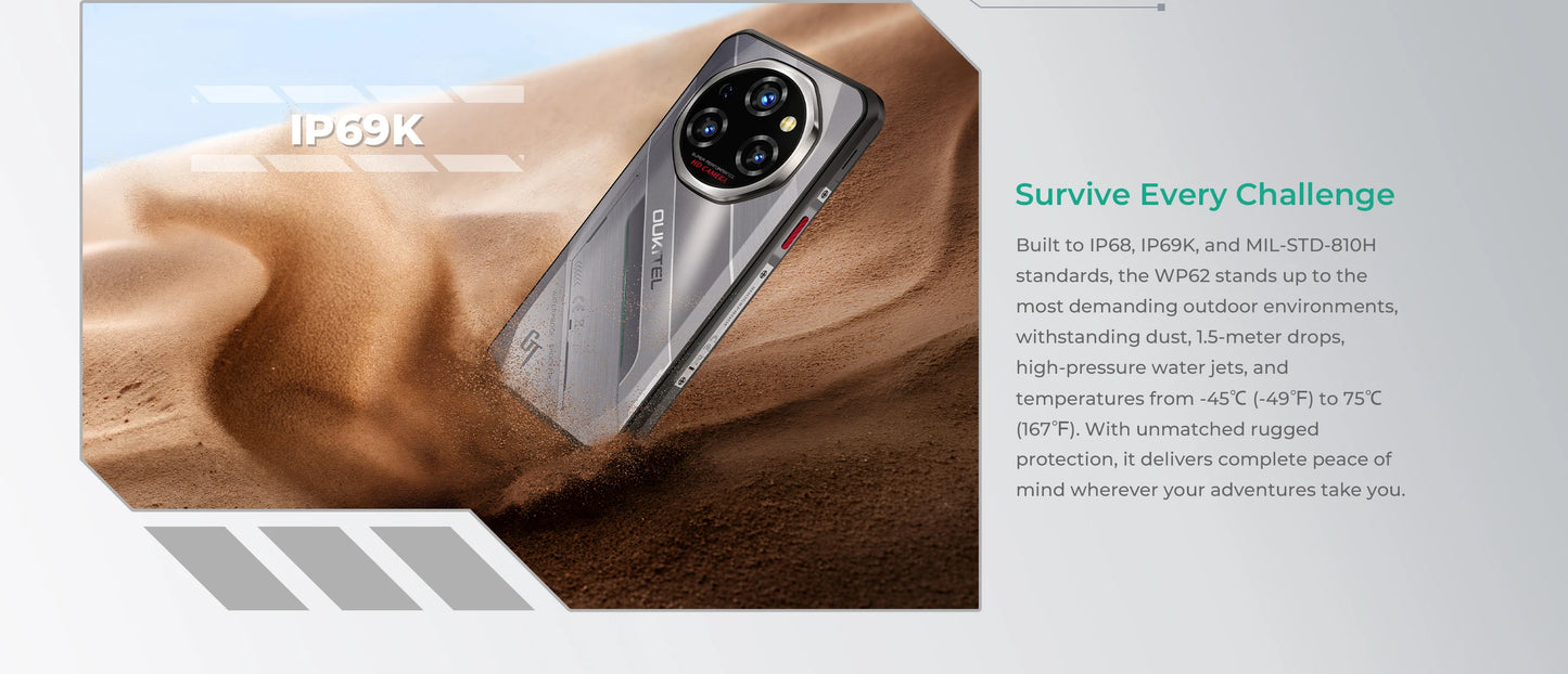 Oukitel WP62 5G Rugged Smartphone 48GB(16+32) +512GB, 6.6" FHD+ 108MP Camera Mobile Phone, 11000mAh 33W, Android 15 Cellphone