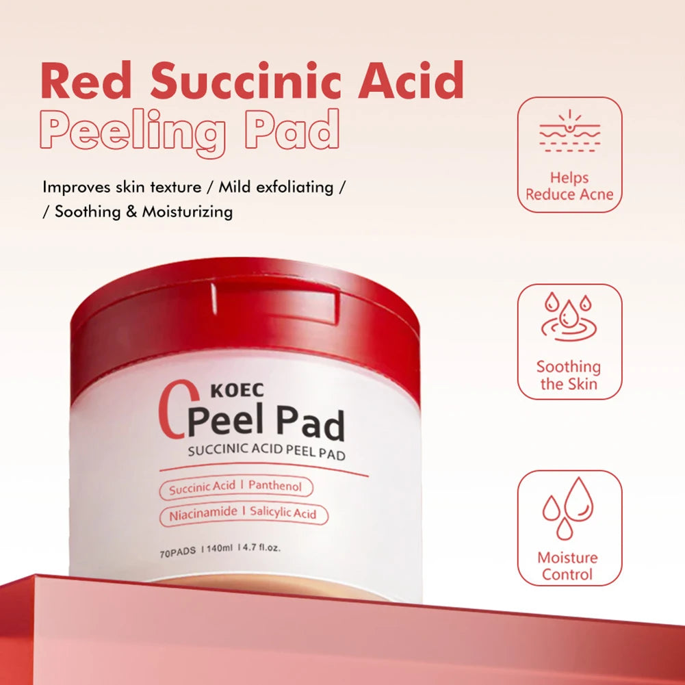 70pcs Red Succinic Acid Peeling Pads Gentle Exfoliation Peeling Pads With Succinic Acid Skin Acnes Cleaner Toner Pads