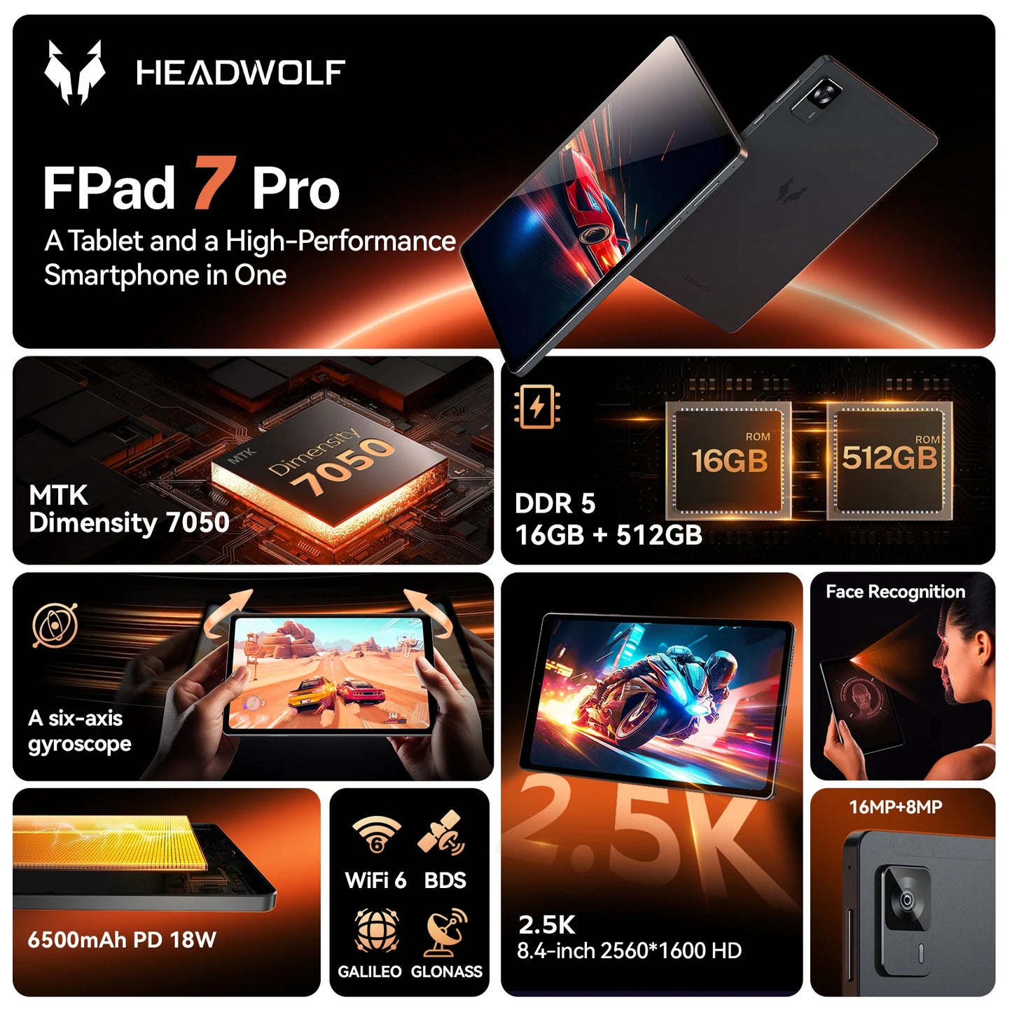 Headwolf FPad7Pro SIM 4G LTE Gaming Tablet 8.4" 2.5K FHD Display Screen 16GB 512GB MTK 7050 CPU,8MP/16MP Camera, WiFi 6 tablet