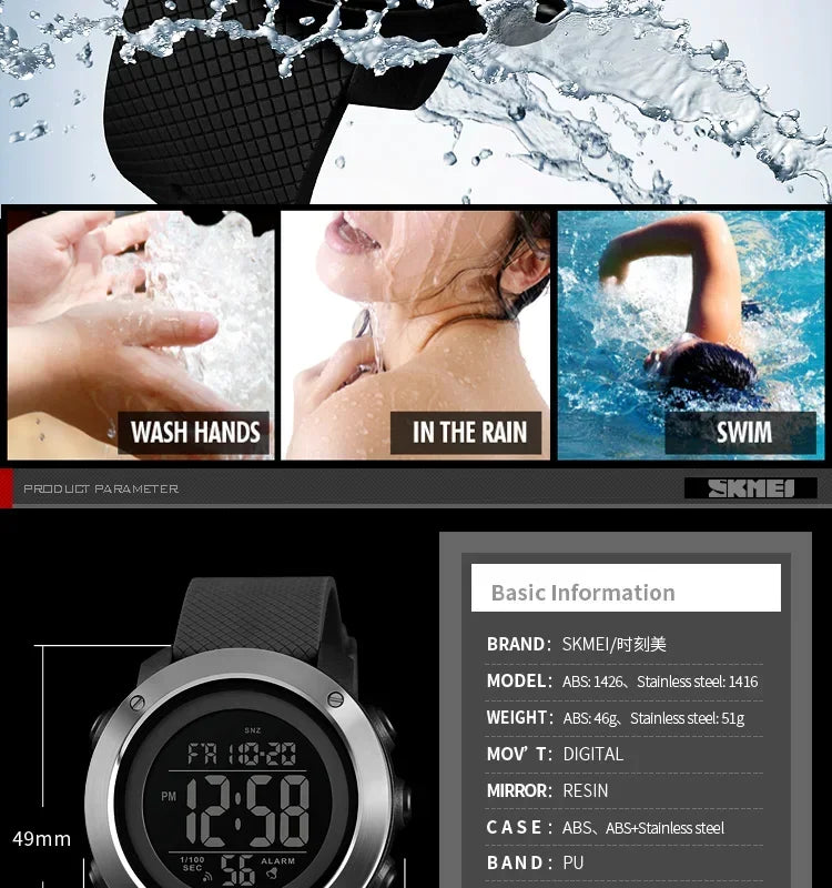 SKMEI 1426 Montre Men Alarm Clock Fashion Digital Watch Relogio Masculino Sport Watch Men Luxury Brand 5Bar Waterproof Watches