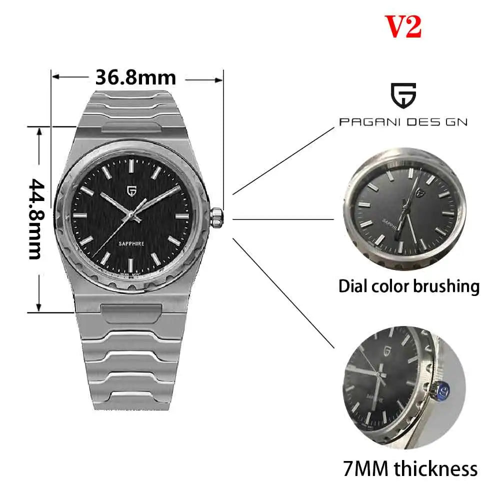 PAGANI DESIGN 2025 New Thin 7mm Fashion Men Quartz Watch V2 Stainless Steel Sapphire 10Bar Waterproof C3 reloj hombre