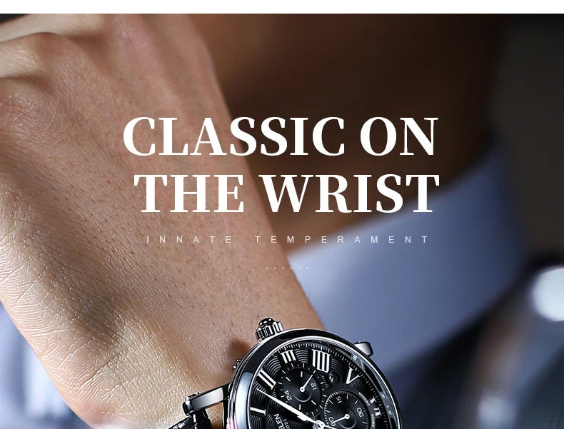 Fashion Mens Watches Top Brand Luxury Genuine Leather Strap Quartz Men's Watch Business Casual Date Chronograph Watch Men