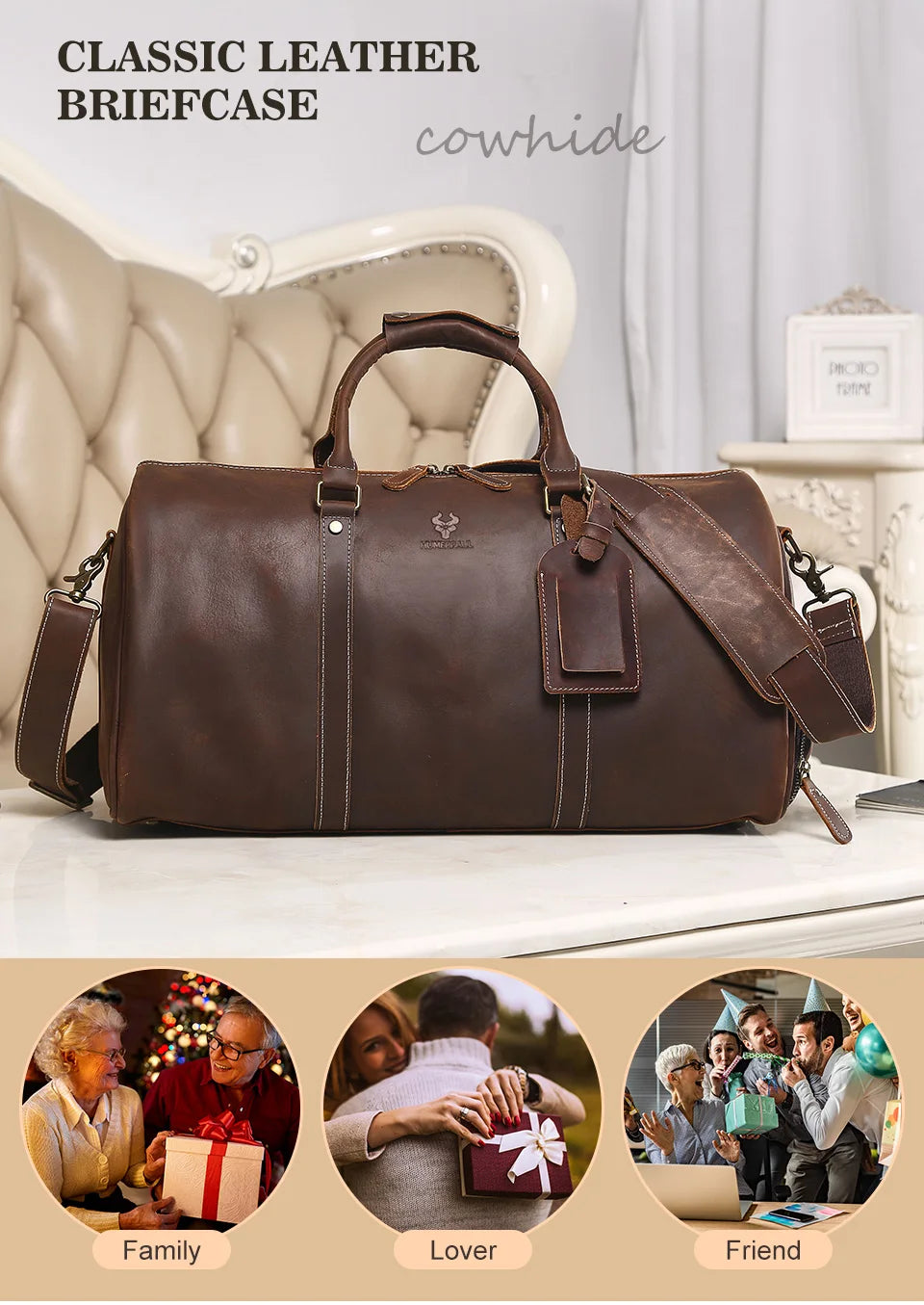 Men's Crazy Horse Leather Duffle Bag Large Capacity Travel Luggage Bag Fits 15'' Laptop & Shoes Durable Totes Bags for Business