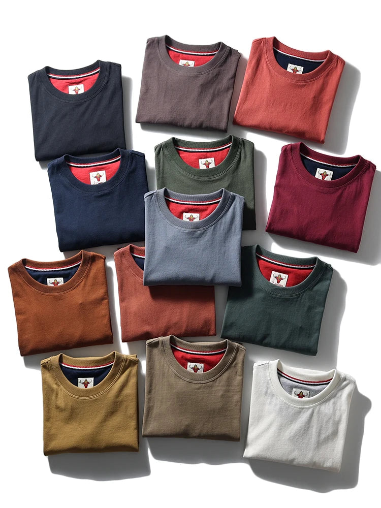 2025 Summer New American Retro Short Sleeve O-neck Solid Color T-shirt Men's Fashion 100% Cotton Washed Casual Terry Cloth Tops