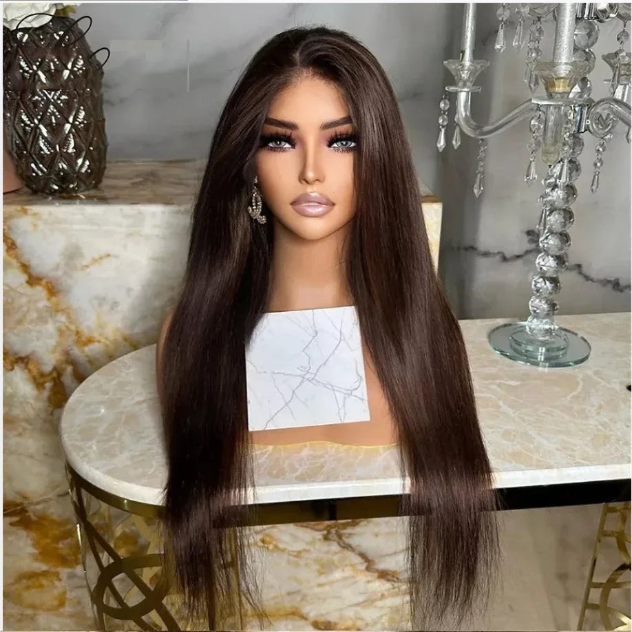 180Density Soft Brown 26” Glueless Long Straight Lace Front Wig For Black Women With Baby Hair Preplucked Natural Hairline