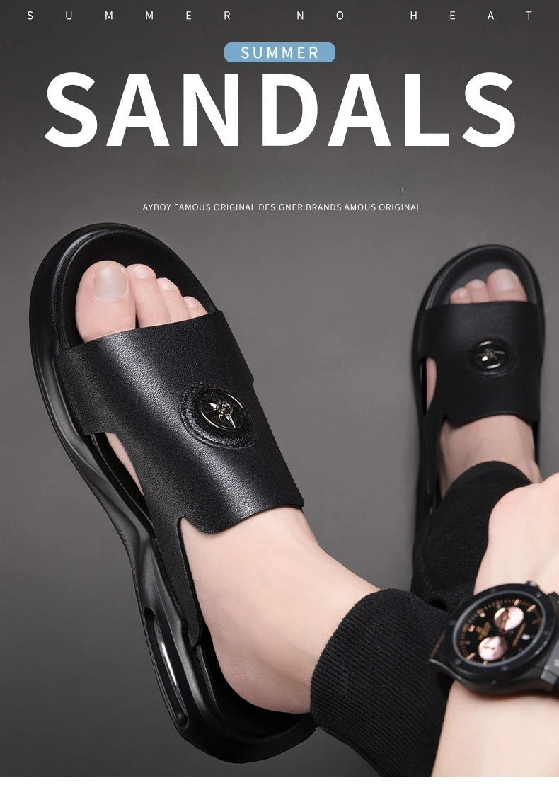 Luxury Men's Genuine Leather Sandals Classic Roman Men Shoes Slippers Soft Comfortable Men Non-slip Walking Slippers Footwea