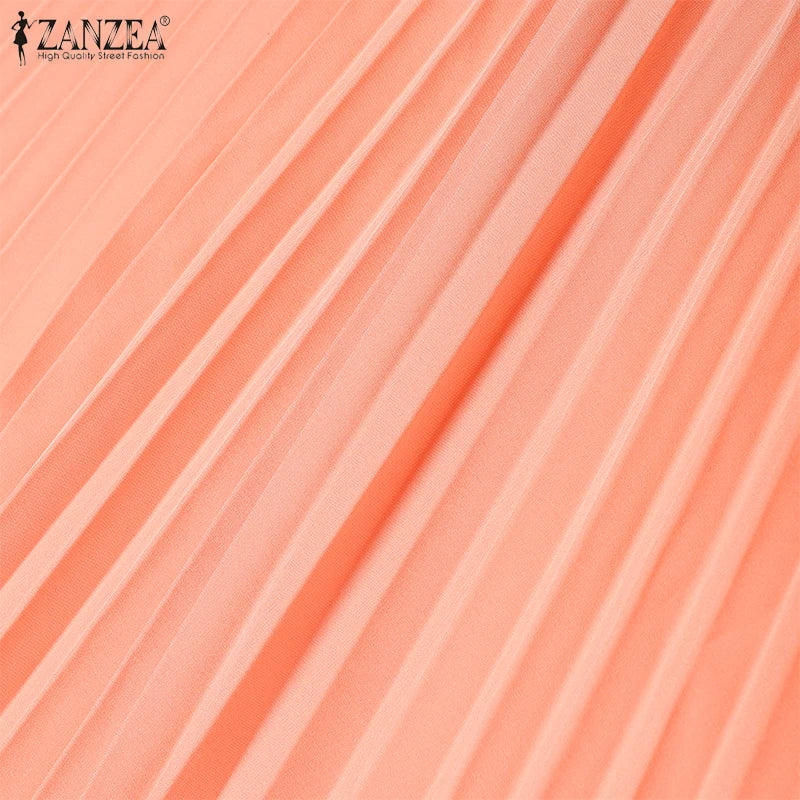 2025 ZANZEA Elegant Women Midi Dresses Summer Office Work Dress Short Sleeve O Neck Party Vestidos Pleated Sundress Robe Femme