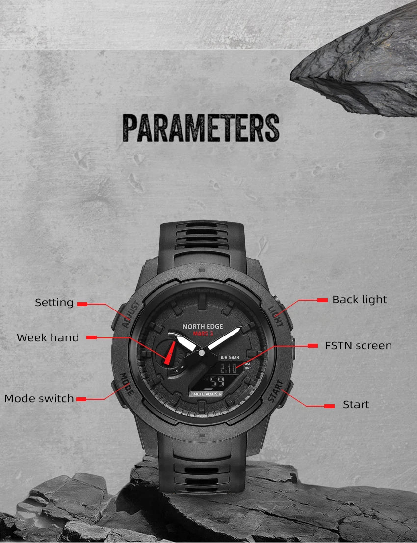 NORTH EDGE Mars3 Men's Military Watch Digital Carbon Fiber Case For Man Waterproof 50M Sports Watches World Time