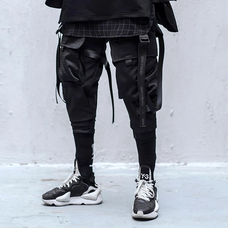 2023 Multi Pockets Tactical Hip Hop Cargo Pants Men High Street Casual Punk Techwear Harem Pants Webbing Buckle Elastic Waist