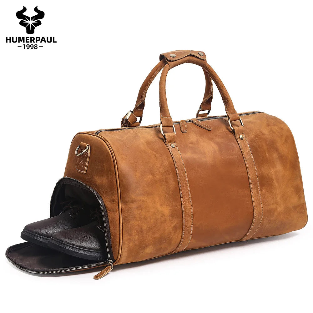 Men's Crazy Horse Leather Duffle Bag Large Capacity Travel Luggage Bag Fits 15'' Laptop & Shoes Durable Totes Bags for Business
