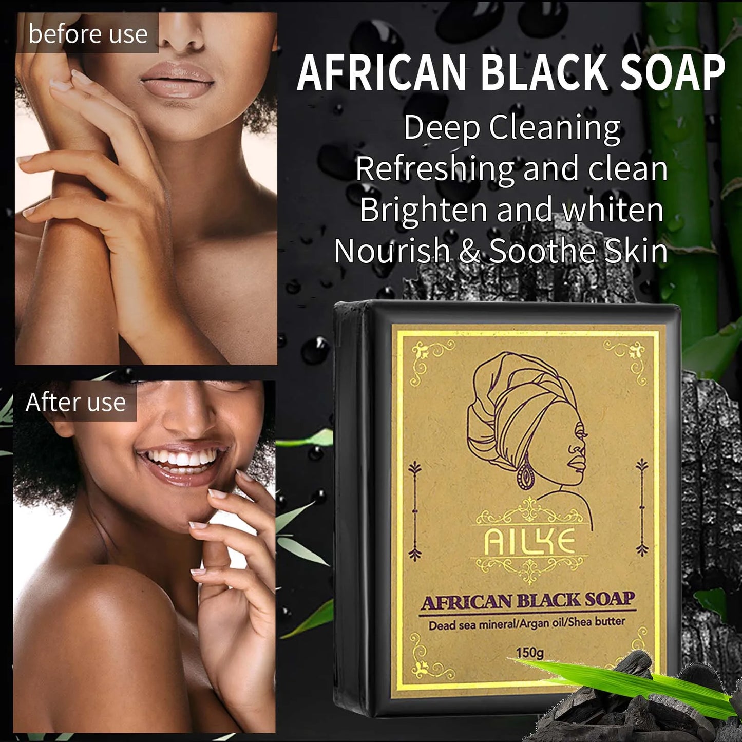 AILKE African Natural Black Soap for Face and Body, Brightening Skin, Reduce Acne, Deep Cleansing, Oil Control, Moisturizing