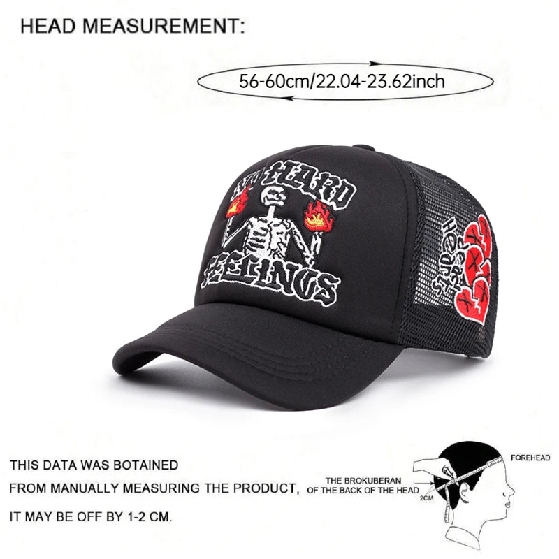 2025 Popular New Breathable Mesh Hat Fire Skull Rose Love Street Skateboarding Hip Hop Hat Leisure Sports Sun Hat Baseball Hat