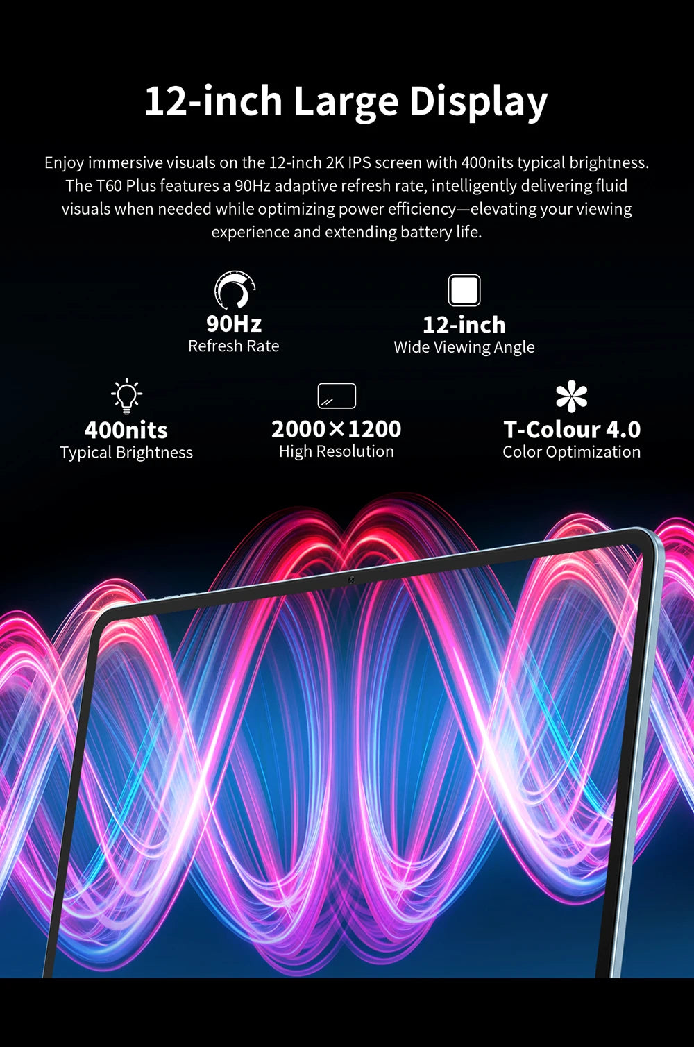 Teclast T60 Plus Tablet 12" 90Hz 2K Display Android 14 MTK G88 Octa-Core Max 16GB RAM 128GB ROM Widevine L1 4G LTE GPS 8000mAh