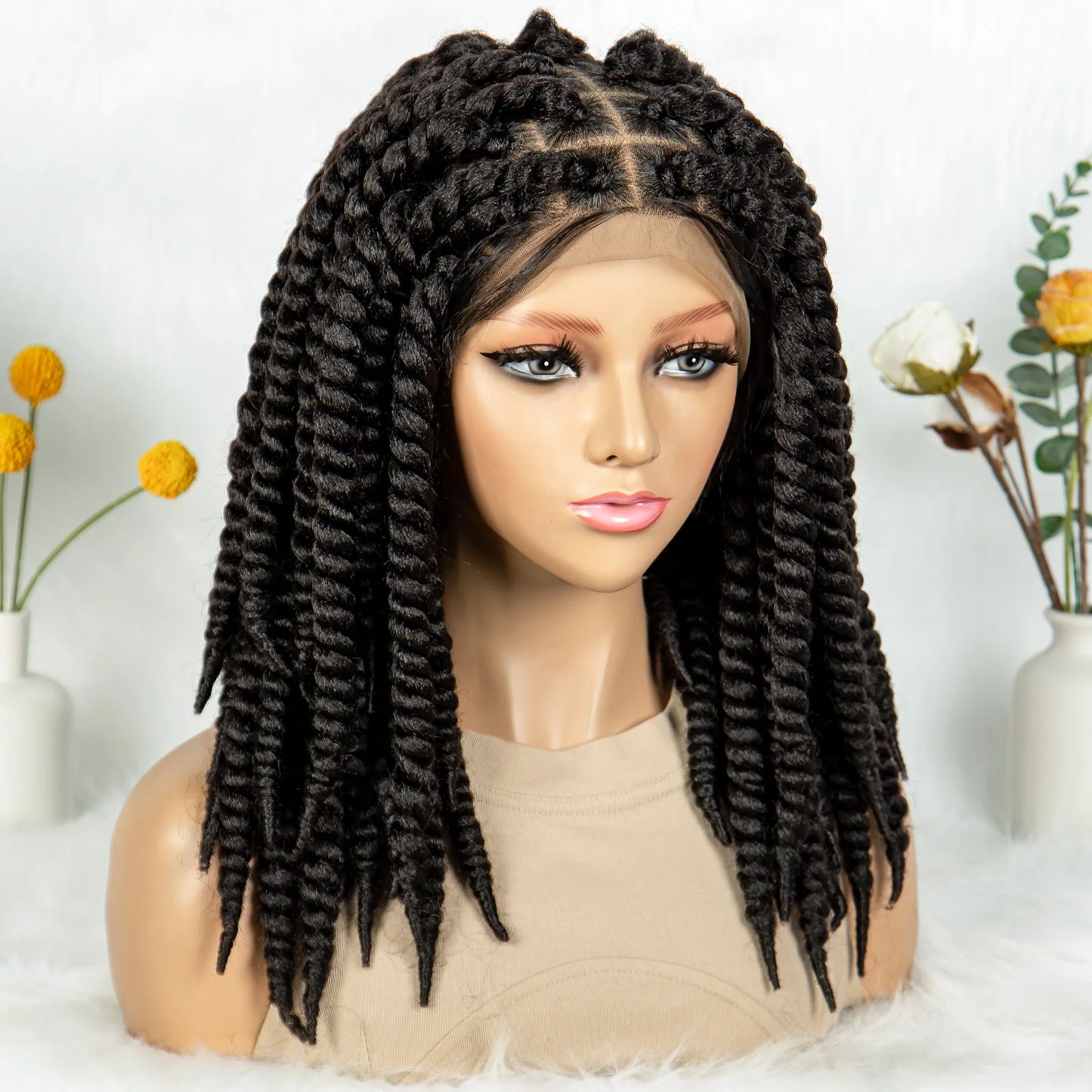 16" Full Lace Twisted Braided Wigs for Black Women Synthetic HD Lace Front Braids Wigs with Baby Hair Natural Lace Braiding Wigs