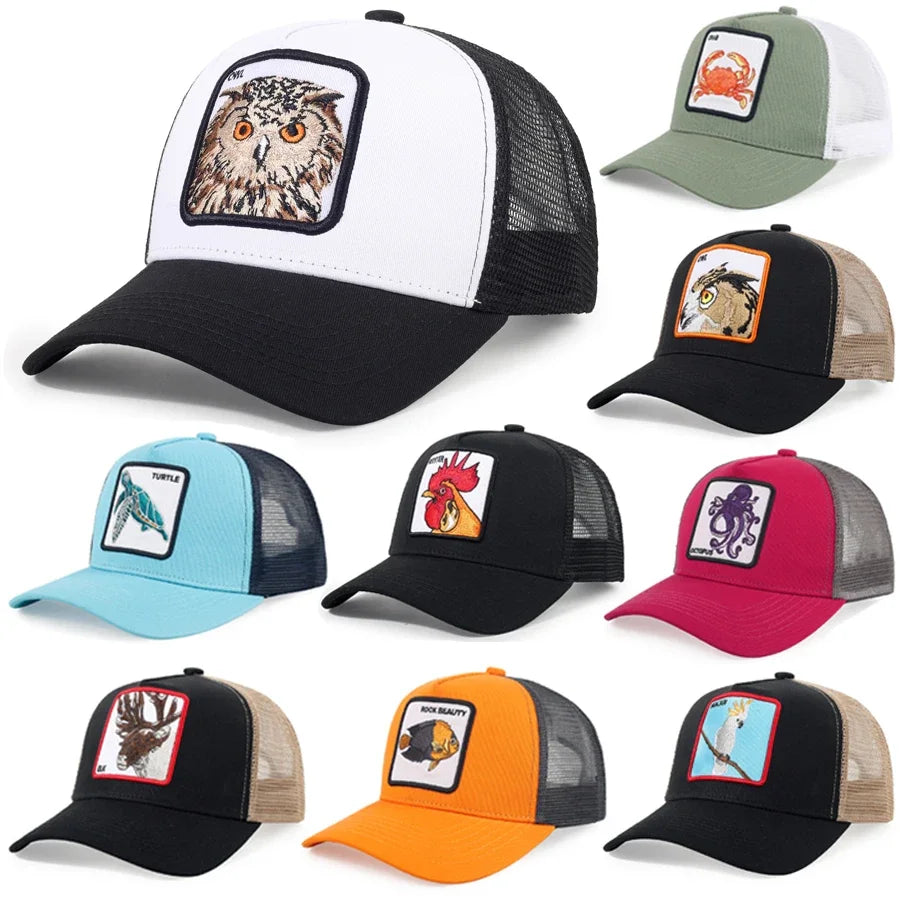Men's Cartoon Animal Embroidered Baseball Caps Male Snapback Mesh Hats Hip Hop Caps for Men Female Outdoor Mesh Sun Hat