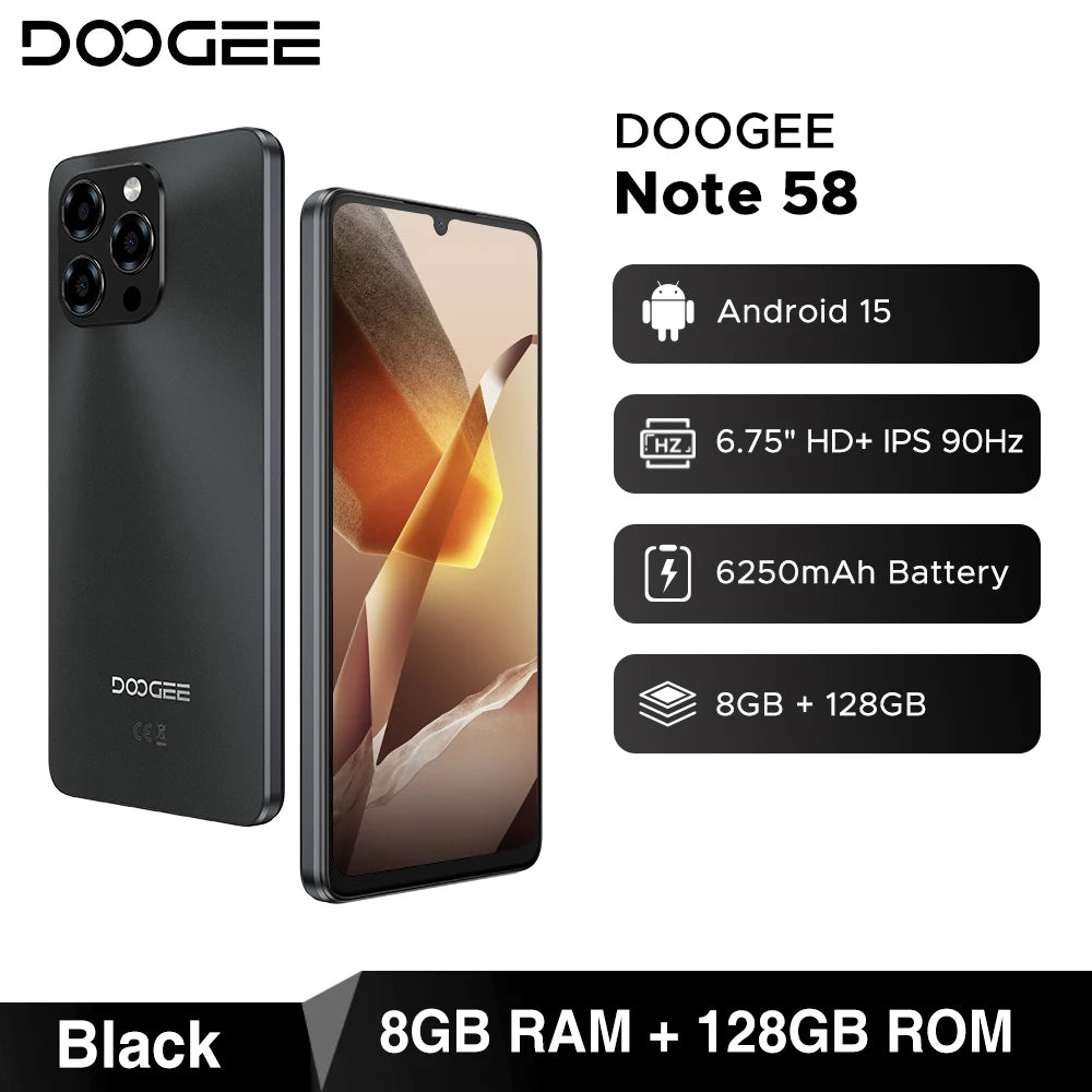 【Brand+】Global Version DOOGEE Note 58 8GB RAM 128GB ROM 6.75" HD+ 90Hz IPS Screen 6250mAh Large battery NFC Android 15