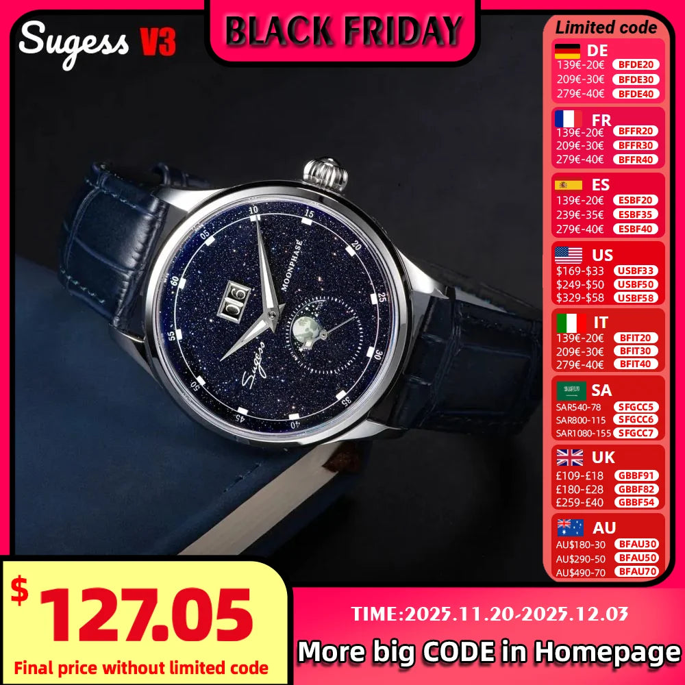Sugess Moonphase Watch of Men 40mm Automatic Mechanical Wristwatches Origin ST2528 Movement Stainless Steel Blue Sandstone Dials