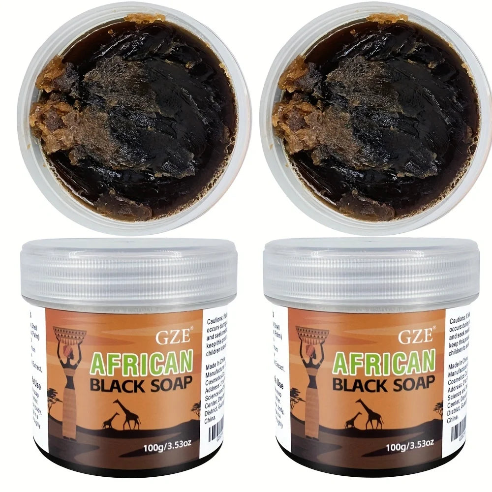 2 Pack GZE African Black Soap 3-in-1 Face, Hair, and Body Cleanser - Deeply Cleanses and Moisturizes Skin and Hair - Handmade