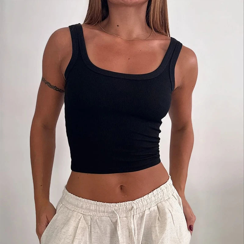 2025 Ribbed Tank Top Women Summer Casual Fitness Short Vest Black And White Knitted Off Shoulder Sexy Crop Top Women
