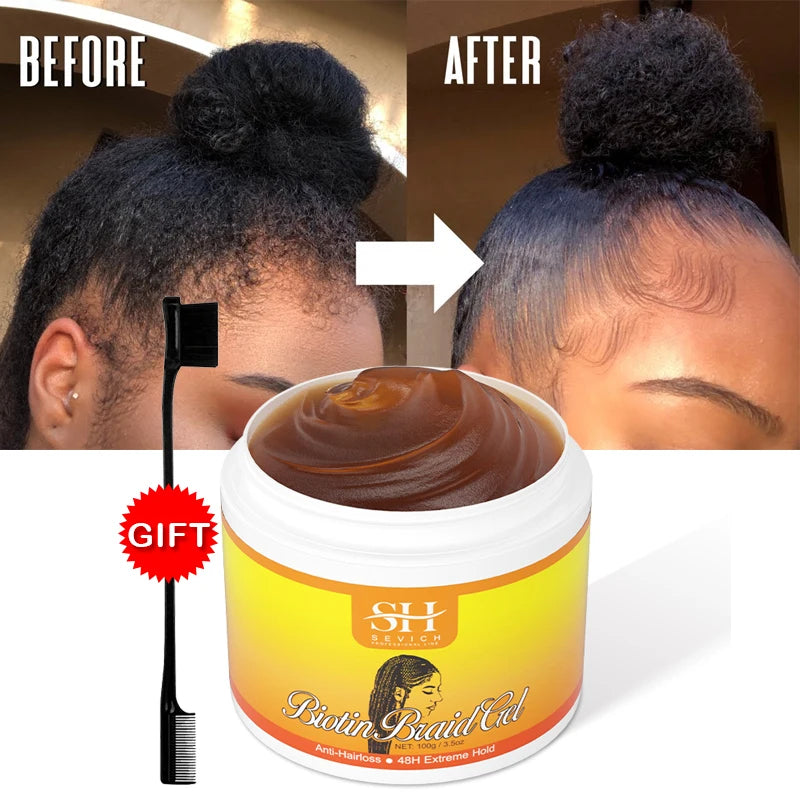 African Biotin Braid gel 100g Edges Control Twist Gel Tames Frizz & Edges Jojoba Oil Styling Braiding Gel Anti Hair Loss Wax,Loc