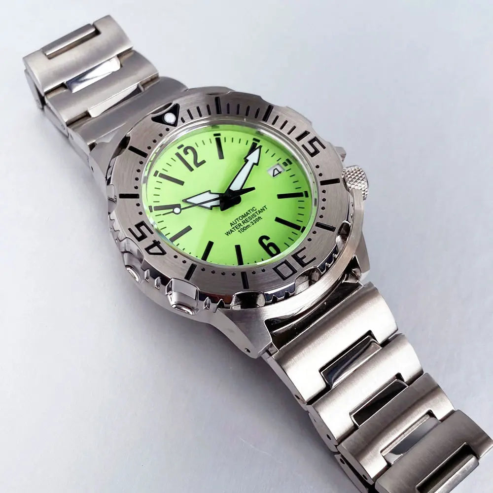 42mm Tandorio Monster Watches 20ATM Waterproof NH35ADiver Automatic Watch Men Sapphire Green Luminous Dial Steel Bracelet
