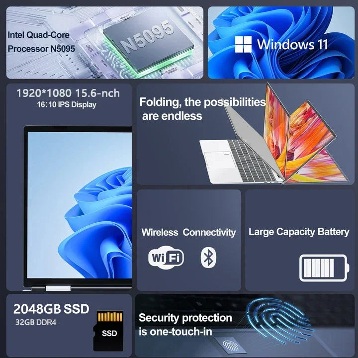 15.6"Laptop Intel Celeron N5095 notebook gamer 32GB RAM 2TB SSD Office Study PC Computer Windows 11 1920*1080 Resolution