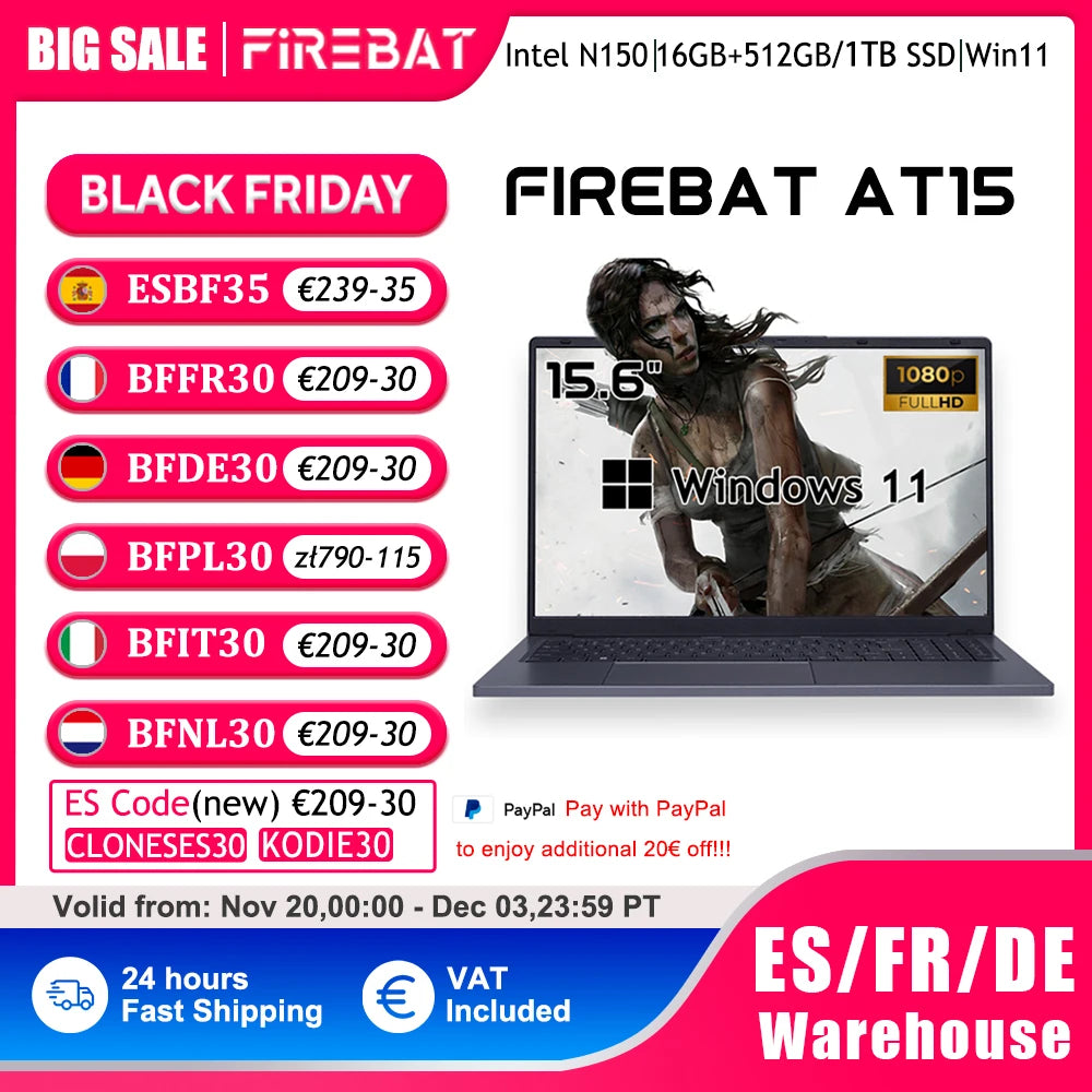 Firebat Laptop AT15 15.6 Inch Intel N150 DDR4 16GB RAM 512GB 1TB SSD 1920*1080 Windows 11 Notebook Backlit Integrated Numpad