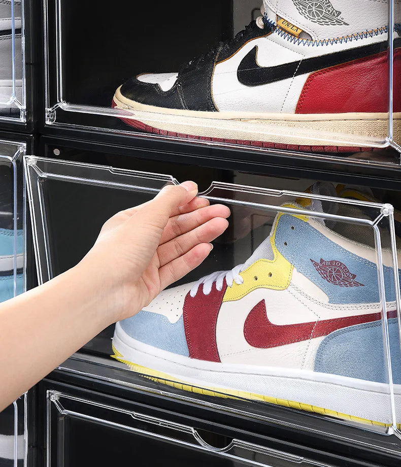 Transparent shoe box, hard box, magnetic storage, acrylic doll bag, hand-held storage box rack, front side opening shoe cabinet