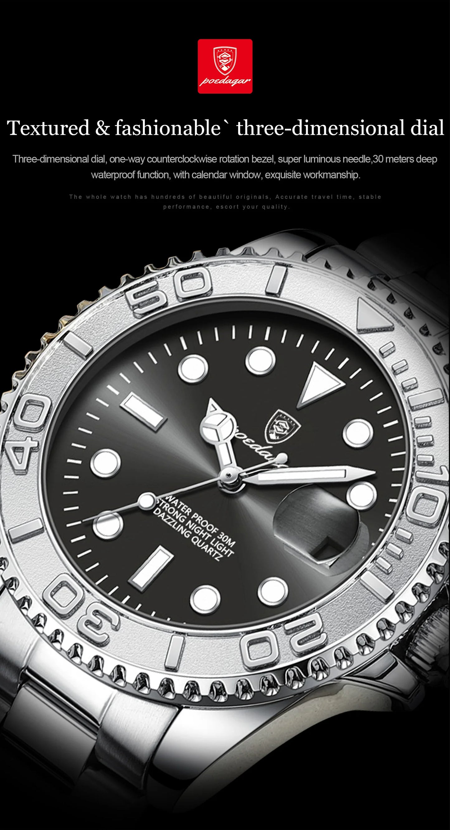 POEDAGAR Business Luxury Man Watch Luminous Waterproof Date Stainless Steel Men Watch High Quality Military Men's Quartz Watches