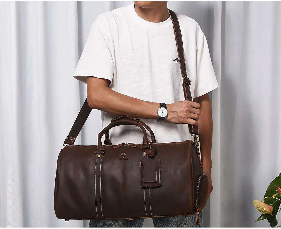 Men's Crazy Horse Leather Duffle Bag Large Capacity Travel Luggage Bag Fits 15'' Laptop & Shoes Durable Totes Bags for Business