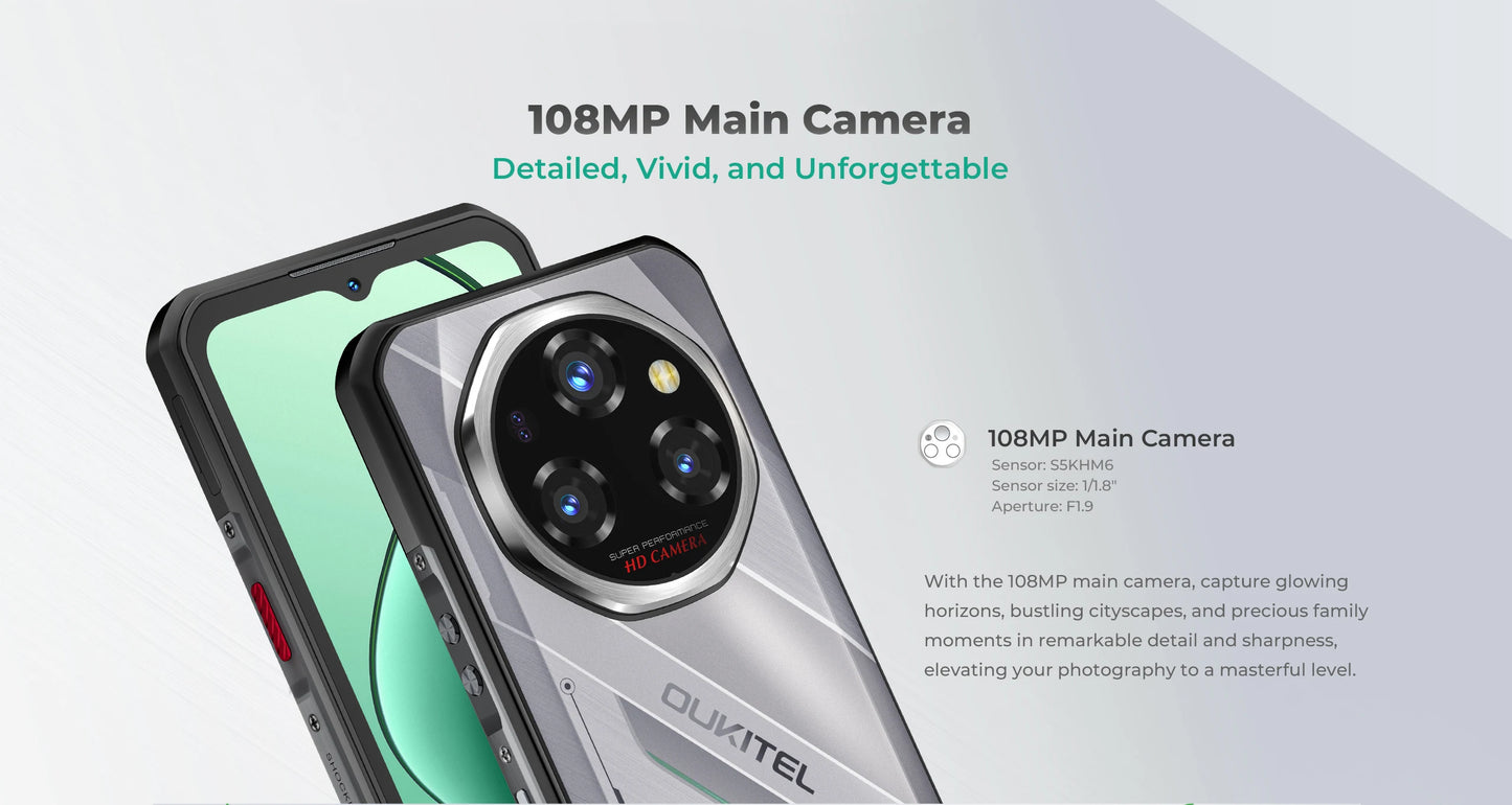 Oukitel WP62 5G Rugged Smartphone 48GB(16+32) +512GB, 6.6" FHD+ 108MP Camera Mobile Phone, 11000mAh 33W, Android 15 Cellphone