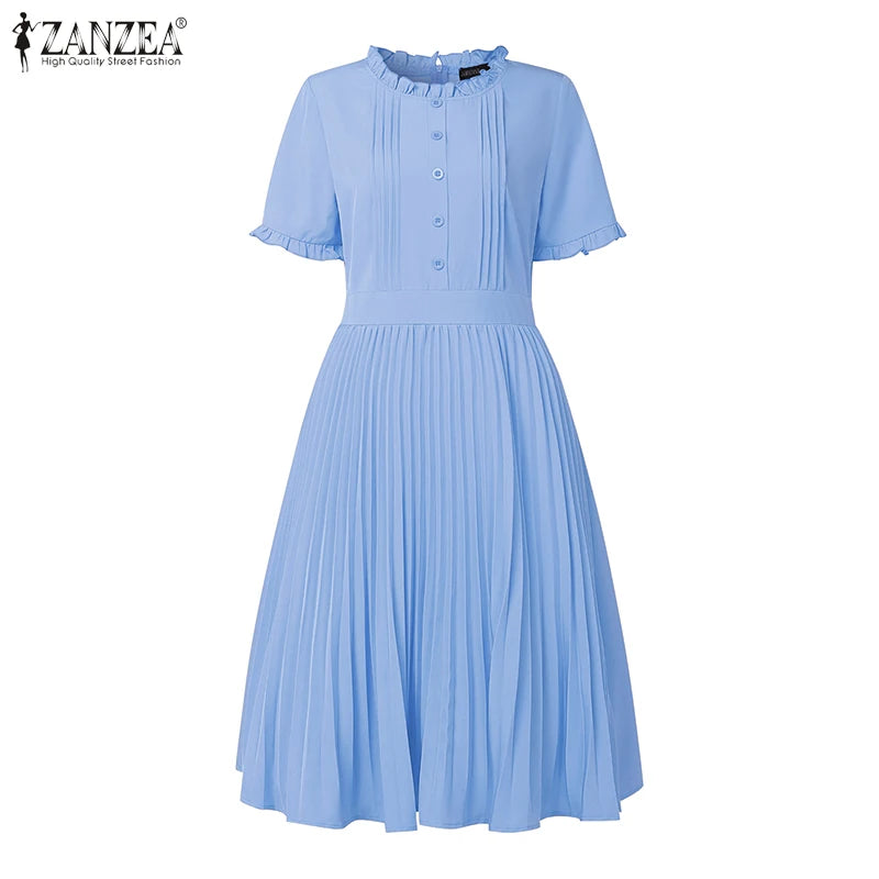 2025 ZANZEA Elegant Women Midi Dresses Summer Office Work Dress Short Sleeve O Neck Party Vestidos Pleated Sundress Robe Femme