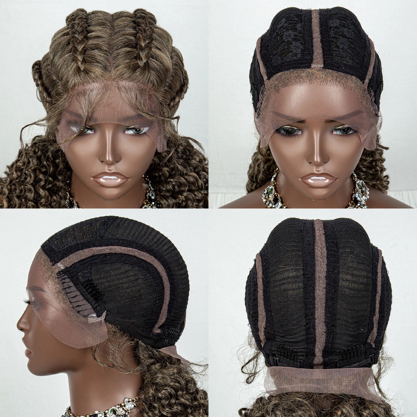 22inch Cornrow Braided Wigs Synthetic Lace Front Braids Wigs with Baby Hair 2 Curly Ponytail Braided Wigs for Black Women