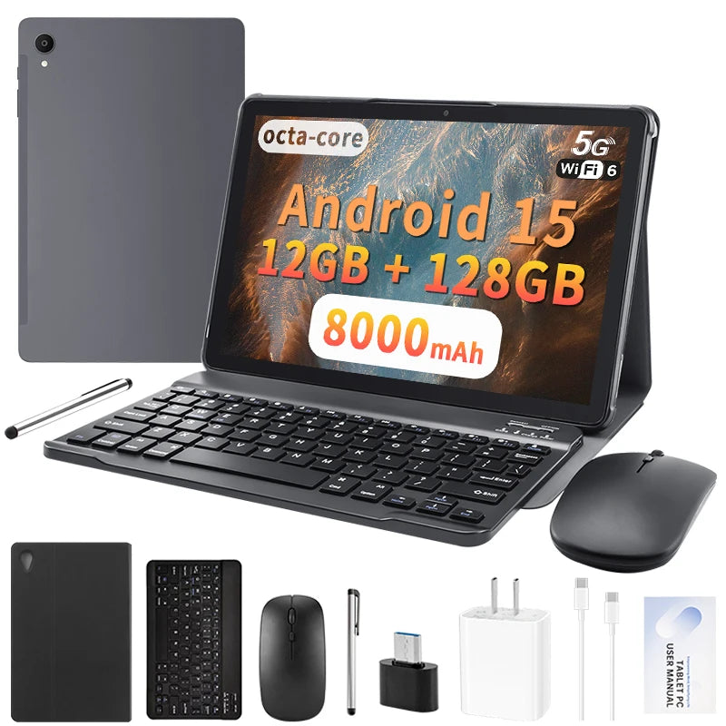 ANRY 10.95 Inch Tablet Android 15 HD Display 12GB RAM 128 ROM Fast Charging 8000mAh 5G WiFi Octa-Code Android Tablets with Case