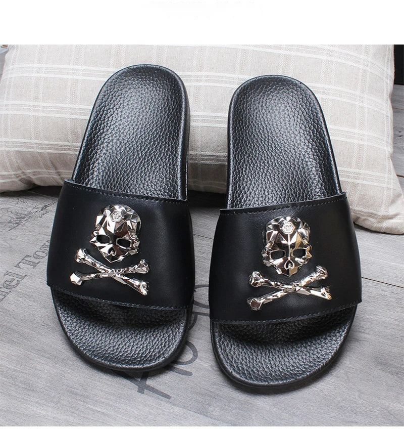 2025 New Arrival Men Genuine Leather Skull Slippers Men's Solid Flat Non-slip Rubber Soles Metal Skull Slides Unisex