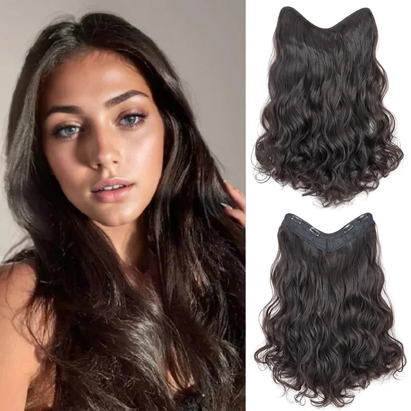 20Inch Synthetic Long Wavy Curly 4 Clip in Hair Extension V-shaped Heat Resistant Black Blonde Hairpiece for Women