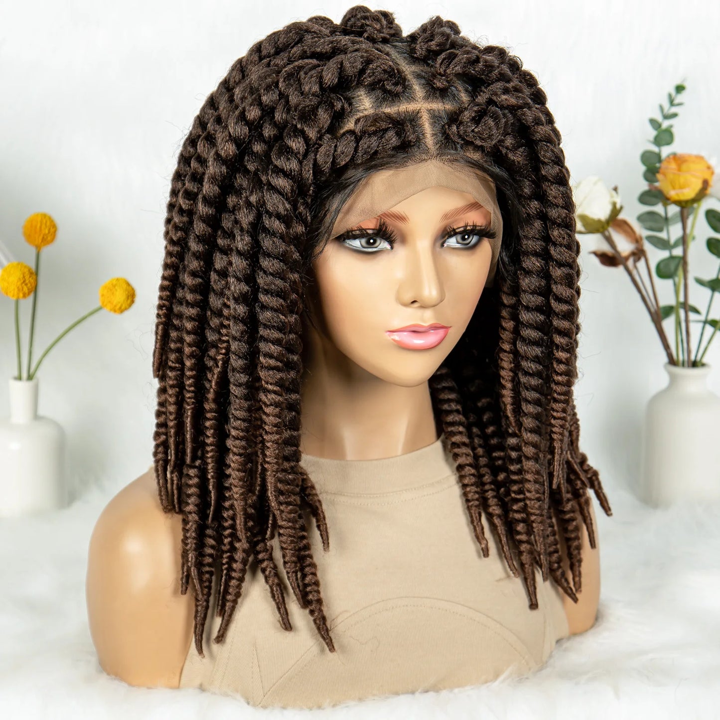 16" Full Lace Twisted Braided Wigs for Black Women Synthetic HD Lace Front Braids Wigs with Baby Hair Natural Lace Braiding Wigs