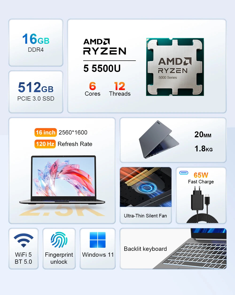 Ninkear A15 Pro Laptop 16" IPS 2.5K FHD AMD Ryzen5 5500U Notebook 16G DDR4 3200Mhz+512GB SSD 54Wh Battery Windows11 PRO Computer