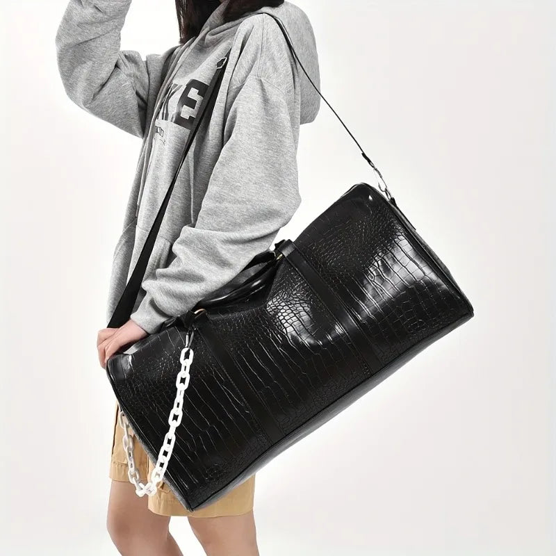 Large Capacity Retro Crocodile-Textured Duffel Bag with Adjustable Shoulder Strap, Stylish Gym, Weekender & Overnight Bag