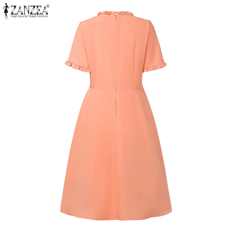 2025 ZANZEA Elegant Women Midi Dresses Summer Office Work Dress Short Sleeve O Neck Party Vestidos Pleated Sundress Robe Femme