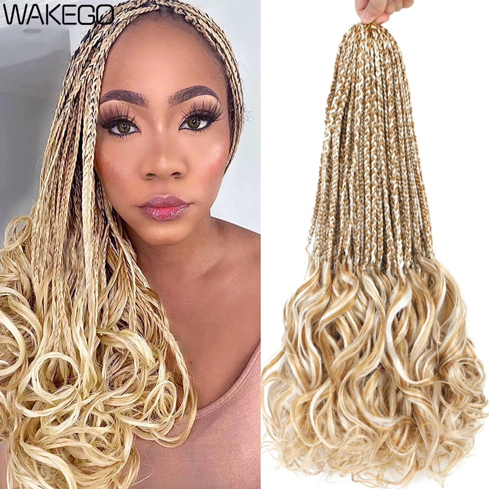 14 18 24 Inch French Curl Box Braids Crochet Hair Ombre Brown to Blonde Prelooped Synthetic French Curls Braiding Hair for Women