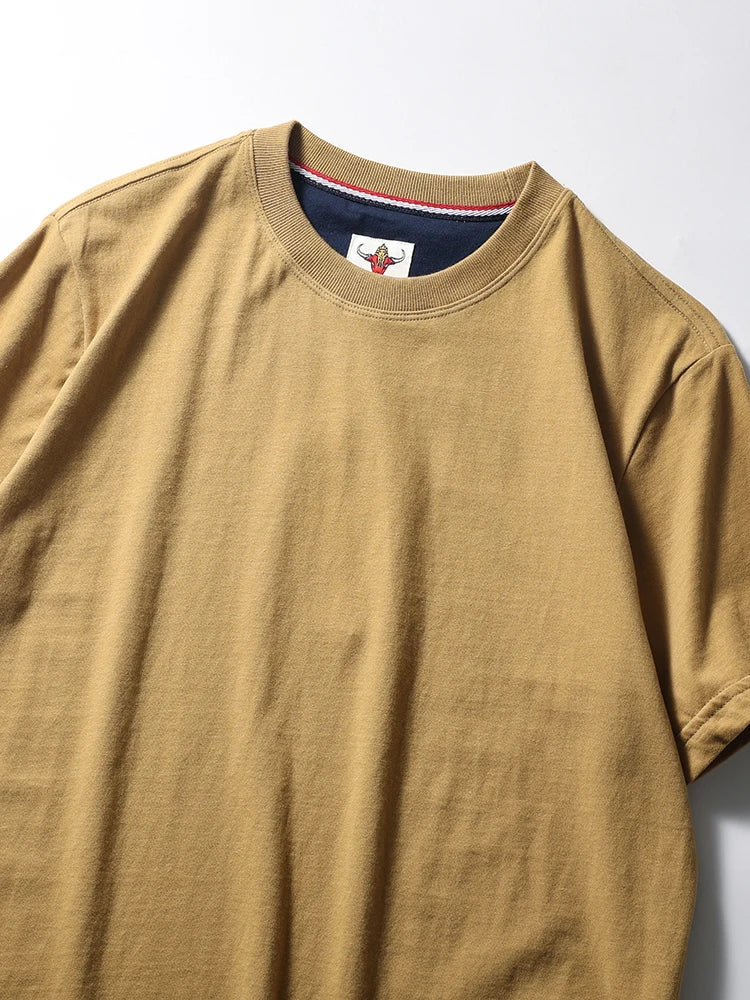 2025 Summer New American Retro Short Sleeve O-neck Solid Color T-shirt Men's Fashion 100% Cotton Washed Casual Terry Cloth Tops