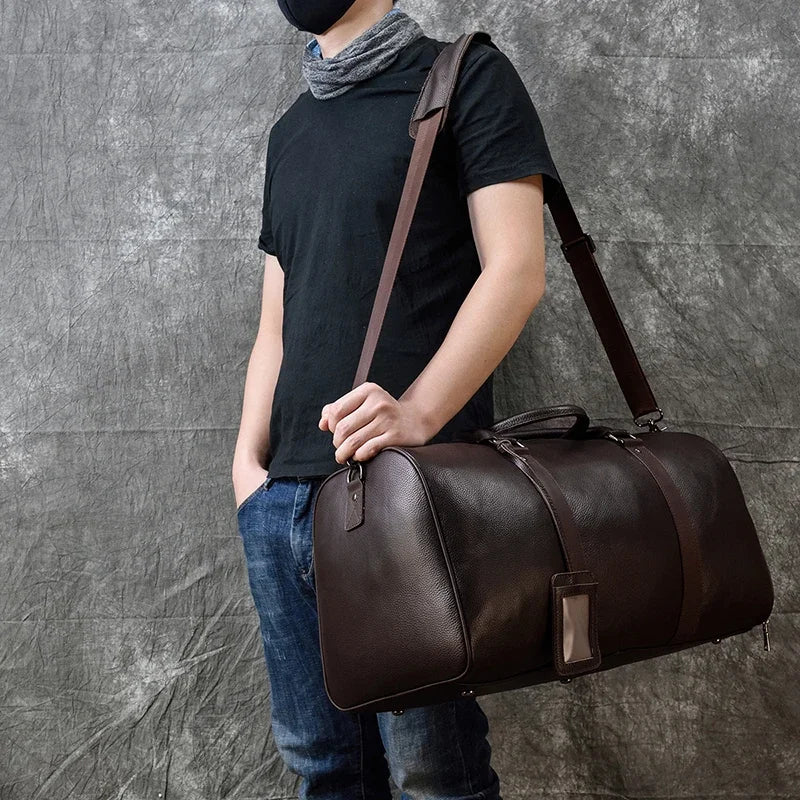 Luxury Genuine Leather Men Women Travel Bag Cow Leather Carry On Luggage Bag Travel Shoulder Bag Male Female Weekend Duffle Bag