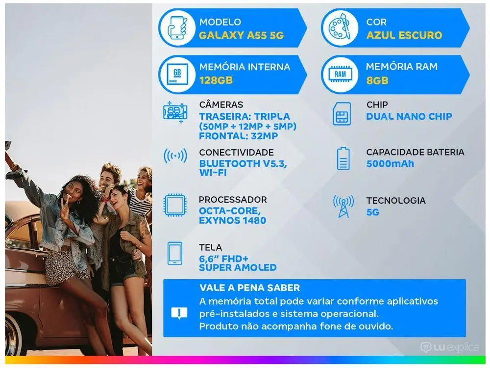 Smartphone Samsung Galaxy A55 128GB Dark Blue 5G 8GB RAM 6,6 "Camera. Triple + Selfie 32MP Dual Chip