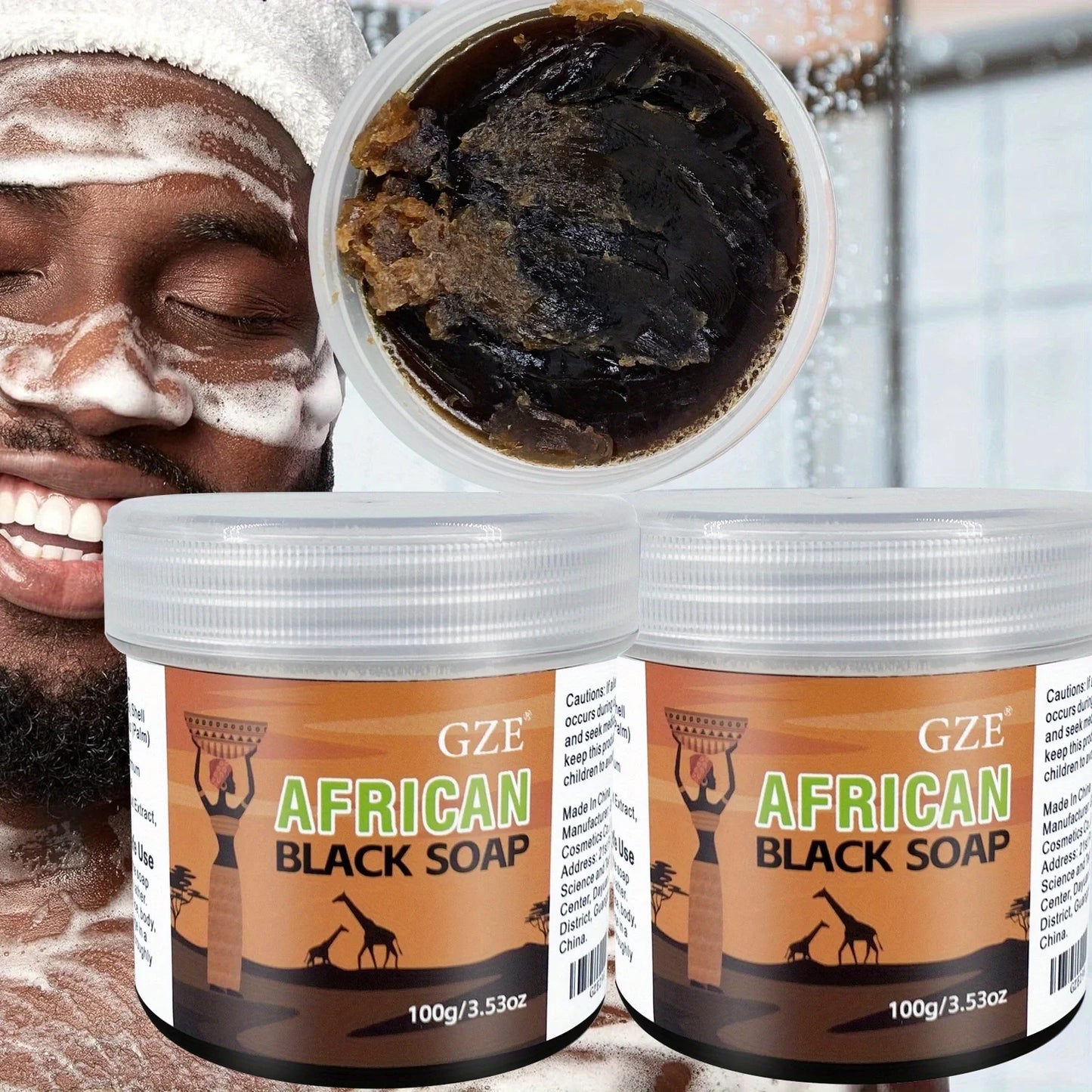 2 Pack GZE African Black Soap 3-in-1 Face, Hair, and Body Cleanser - Deeply Cleanses and Moisturizes Skin and Hair - Handmade