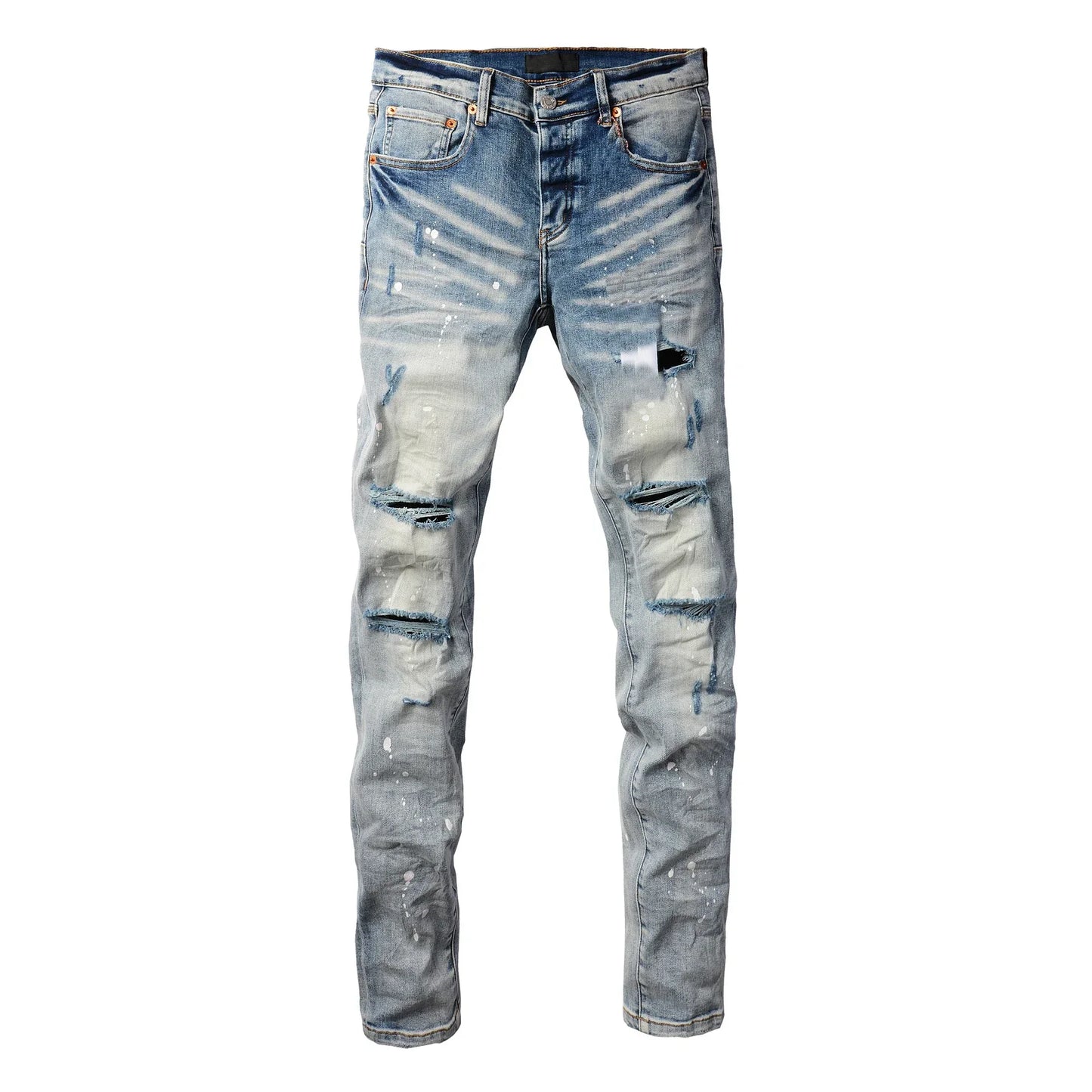 2025 Jeans Man's High Street Blue Ripped Distressed Skinny Jeans Low Rise Denim Trousers Fashion Repair Pants 9003