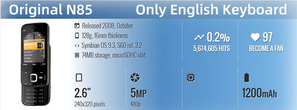 Original N85 GSM 2G 3G Slider Mobile Cell Phone 2.6'' 5MP More Languages English Keyboard Only.Old Symbian Smartphone Unlocked.