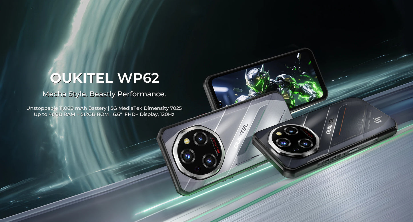 Oukitel WP62 5G Rugged Smartphone 48GB(16+32) +512GB, 6.6" FHD+ 108MP Camera Mobile Phone, 11000mAh 33W, Android 15 Cellphone