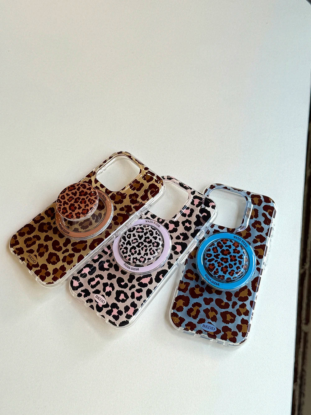 3D Luxury Leopard For Magsafe Grip Tok Phone Case for IPhone 17 16 15 13 Pro Max Wireless Charge Magnetic Stand Holder Cover