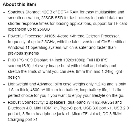 14 Inch Laptop PC 12GB LPDDR4 RAM 256GB SSD ROM 1080p FHD IPS Screen Windows 11 Computer with Celeron 4-Core Processor WIFI